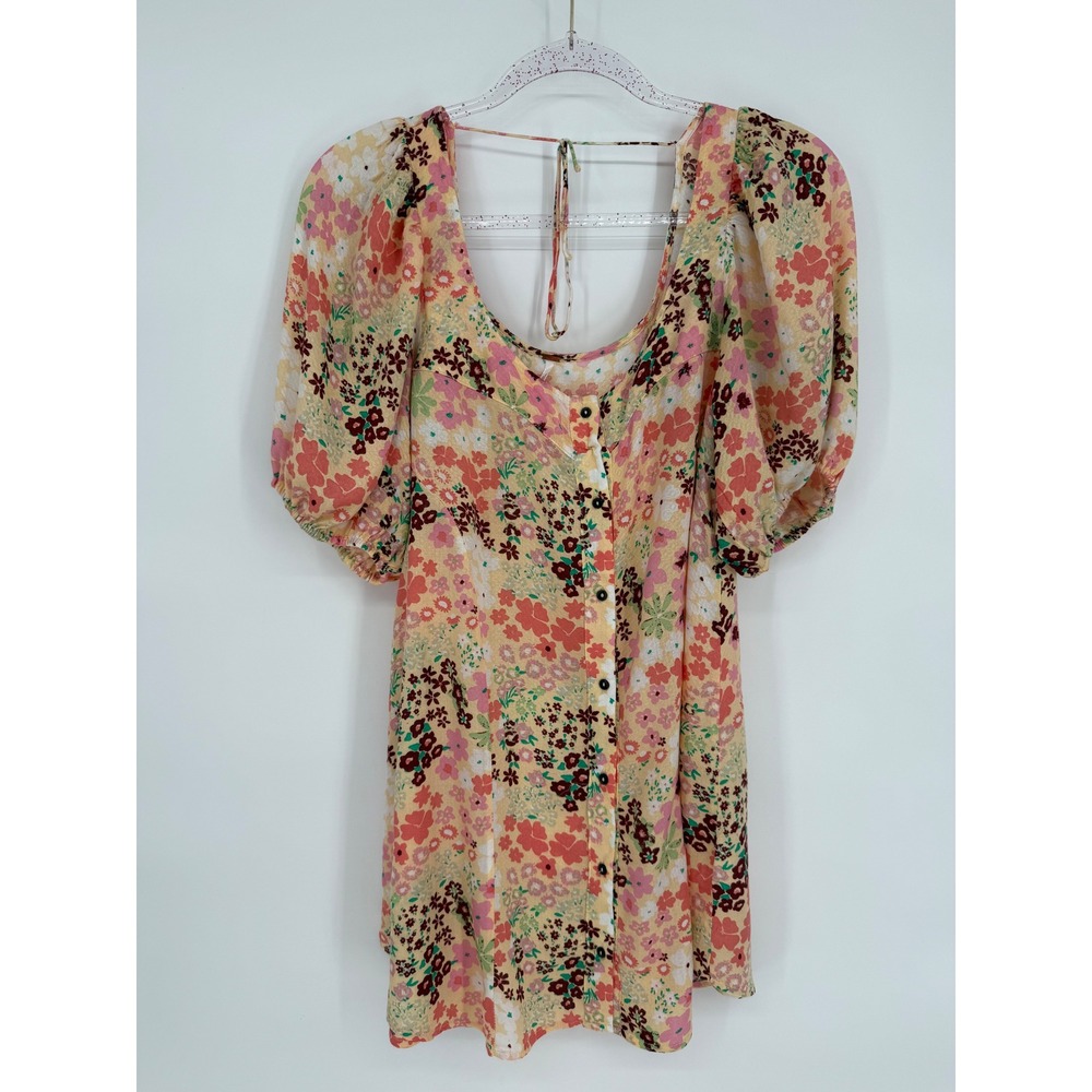 Free People Womens Floral Viscose Puff Sleeve Button Mini Dress Yellow‎ Sz S